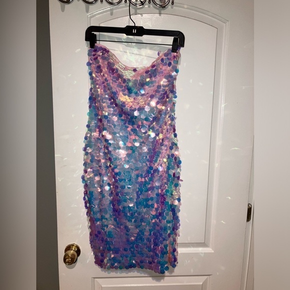 $248 NWT Susana Monaco Disco Sequin Tube Midi Dress Iridescent 🪩 Small - Picture 5 of 11